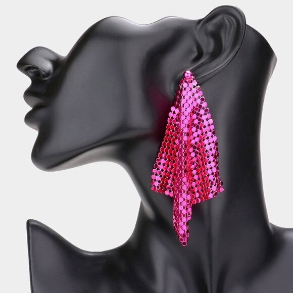 NEW Pink Y2K Disco Metal Mesh Chain Dangle Earrings - Picture 1 of 6